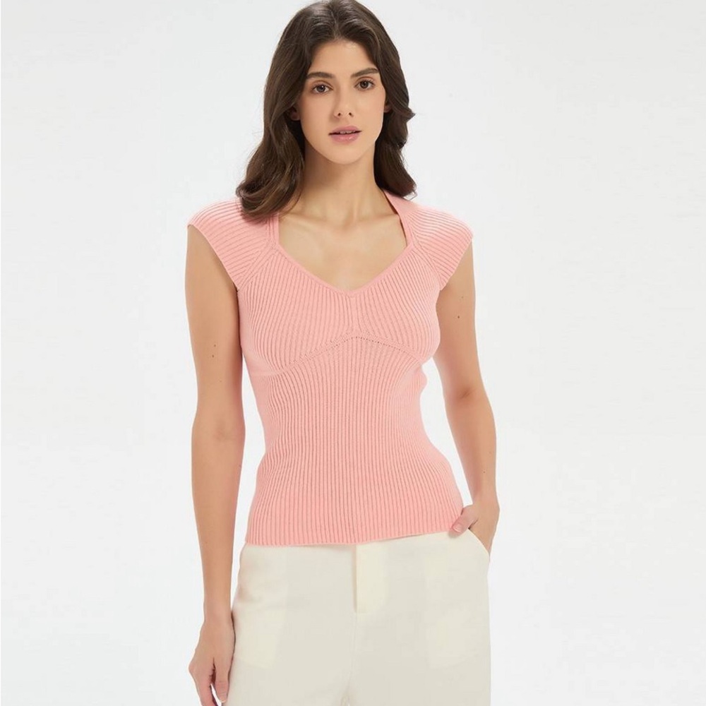 Women’s Cap Sleeve Ribbed Sweater Top.   Pink. XS